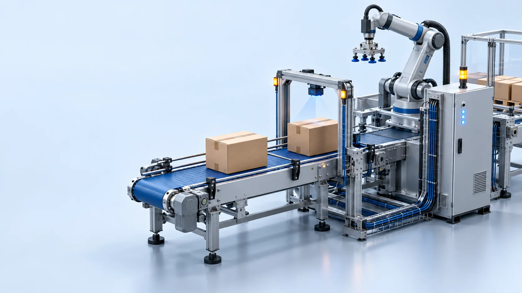 A modeled conveyor and robotic workcell in the Rungbase Machine workspace