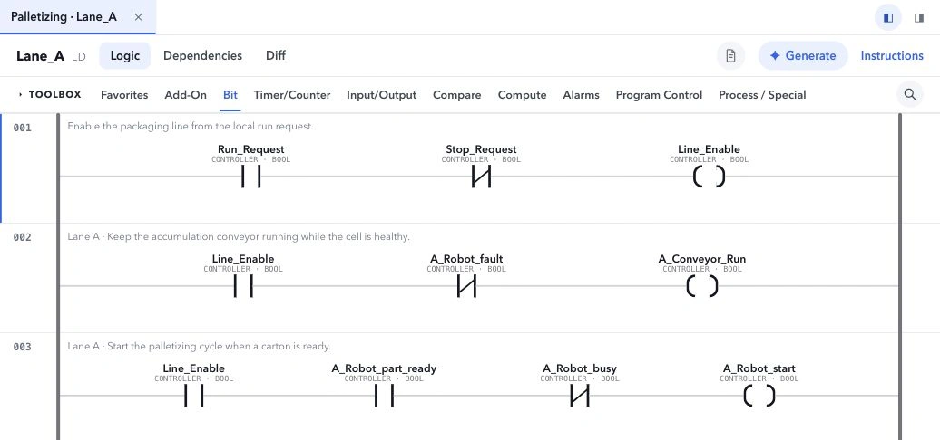The Ladder editor with saved logic for a packaging line's line enable, accumulation conveyor and palletizing sequence.